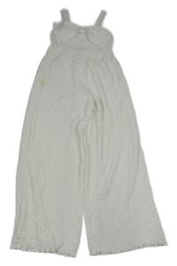 Bílý mačkaný kalhotový culottes overal s mašlí ZARA
