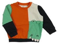 Zeleno-oranžovo-čierno-biela mikina s dinosaurom F&F