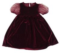 Karmínové zamatové slávnostné šaty s balonovými organzovými rukávy zn. Little Kids