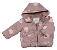 Růžová šusťáková prošívaná zimní bunda se srdíčky a kapucí Tu