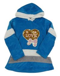 Modro-sivo-biela zamatová mikinová tunika so srdíčkem z flitrů a kapucňou