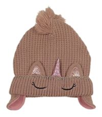 Starorůžová pletená podšitá čepice s jednorožcem Dunnes