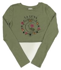 Khaki crop tričko s motýly a nápisom