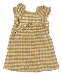 Oranžovo-žlto-biele kockované mušelínové ľanové šaty s volánikmi Zara