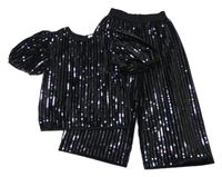 2set - Čierne zamatové flitrové tričko + culottes nohavice Tu