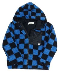 Tmavomodro-modrá kockovaná huňatá podšitá bunda s kapucňou H&M