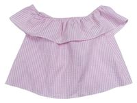 Růžovo-bílý kostkovaný krepový halenkový crop top s volánkem New Look