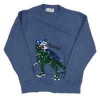 Tmavomodrý melírovaný sveter s dinosaurem z překlápěcích flitrů H&M