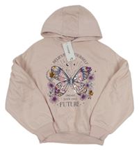 Nové - svetloružová oversize crop mikina s motýlkom a flitrami a kapucňou George