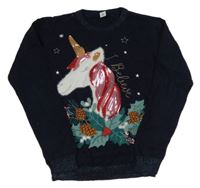 Tmavomodrý sveter s jednorožcom s flitrami a vánočním motívom Tu