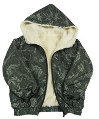 Tmavokhaki šušťáková zateplená bunda s kostrami dinosaurů