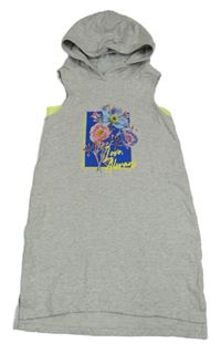 Světlešedé melírované teplákové šaty s kytičkami a nápisy a kapucí Next