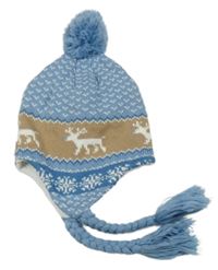 Modro-hnědá vzorovaná pletená čepice se soby a bambulí PUSBLU