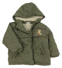 Khaki šušťáková zimná bunda s medvedíkom a kapucňou