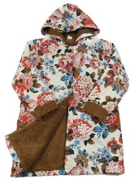 Smetanovo-hnědý šusťákový zateplený kabát s růžemi a kapucí SHEIN