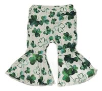 Bílo-zelené flare kalhoty s trojlístky 