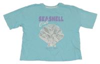 Svetlomodré crop tričko s mušlí a nápismi PRIMARK