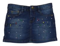 Tmavomodrá rifľová sukňa s kamienkami a farebnymi korálky a ošoupaného vzhledu Sfera