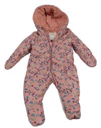 Růžová šusťáková zimní kombinéza s kytičkami a kapucí Mothercare
