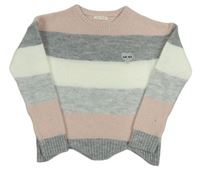 Sivo-bielo-ružový pruhovaný sveter s výšivkou