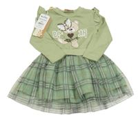 Nové - Zeleno-kostkované šaty s medvědem a tylem