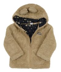 Hnědá chlupatá podšitá propínací mikina s nápisem a kapucí Dopodopo