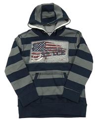 Tmavomodro-tmavosivá pruhovaná mikina s vlajkou a kapucňou Topolino