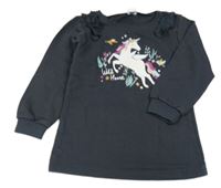 Antracitová tepláková tunika s jednorožcem a volánky Kiki&Koko