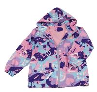 Růžovo-fialovo-světlemodrá vzorovaná šusťáková zateplená bunda s kapucí