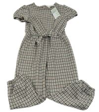 Nové - Šedo-hnědo-černý kostkovaný kalhotový overal s páskem Primark