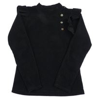 Čierne rebrované zamatové tričko s volánikmi a gombíkmi