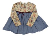 Béžovo-tmavomodré šaty s kvetmi a mašlou