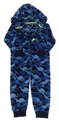 Modro-černá chlupatá kombinéza s dinosaury a kapucí