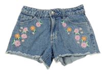Nové - Modré rifľové mid rise kraťasy s výšivkami květin Denim Co.