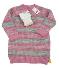 Nové - 2 set - růžovo-zelené pletené šaty + bílé punčocháče Nutmeg