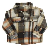 Hnědo-smetanová kostkovaná lehká košilová bunda shein