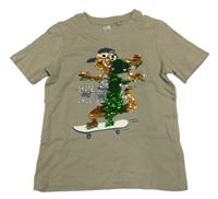 Khaki tričko s krokodýlem z překlápěcích flitrů C&A