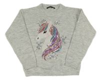 Šedý melírovaný svetr s jednorožcem z flitrů George
