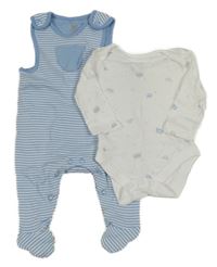 2 set - bílé body s auty + modré pruhované zateplené dupačky Debenhams