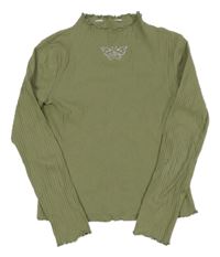 Khaki žebrované triko s motýlkem z kamínků H&M