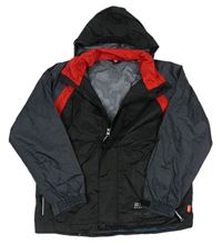 Čierno-antracitovo-červená šušťáková jesenná bunda s kapucňou