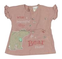 Starorůžové tričko s medvědem a motýly