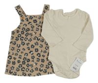 Nové - 2set - Smetanové žebrované body + béžovo-šedé fleecové šaty s leopardím vzorem George