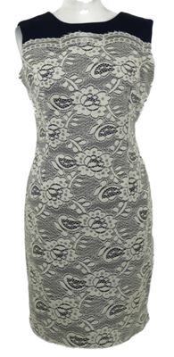 Dámské bílo-tmavomodré krajkové pouzdrové šaty 