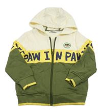 Smetanovo-žluto-khaki prepínaci mikina s nápisom a kapucňou