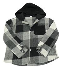 Čierno-sivo-biela kockovaná košeľová bunda s kapucňou SHEIN