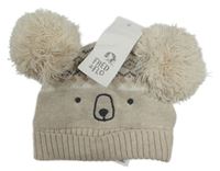 Nové - Béžová pletená čapica s čumákem bambulemi - koala F&F