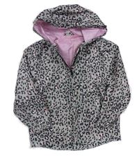 Sivo-ružová šušťáková jarná bunda s leopardím vzorom a kapucňou Tu