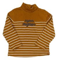 Medovo-bílé pruhované triko s nápisem a stojáčkem 