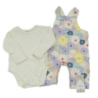 Nové - 2Set - Světlerůžovo-barevné květované laclové tepláky + bílé body M&S